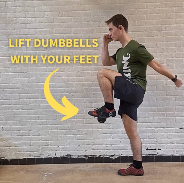 an athlete performing a hip flexor raise ankle straps for dumbbells