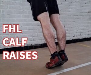 an athlete in the upper position of the FHL calf raise