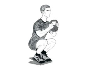 An accurate sketch of an athlete doing the VMO squat on a slant board